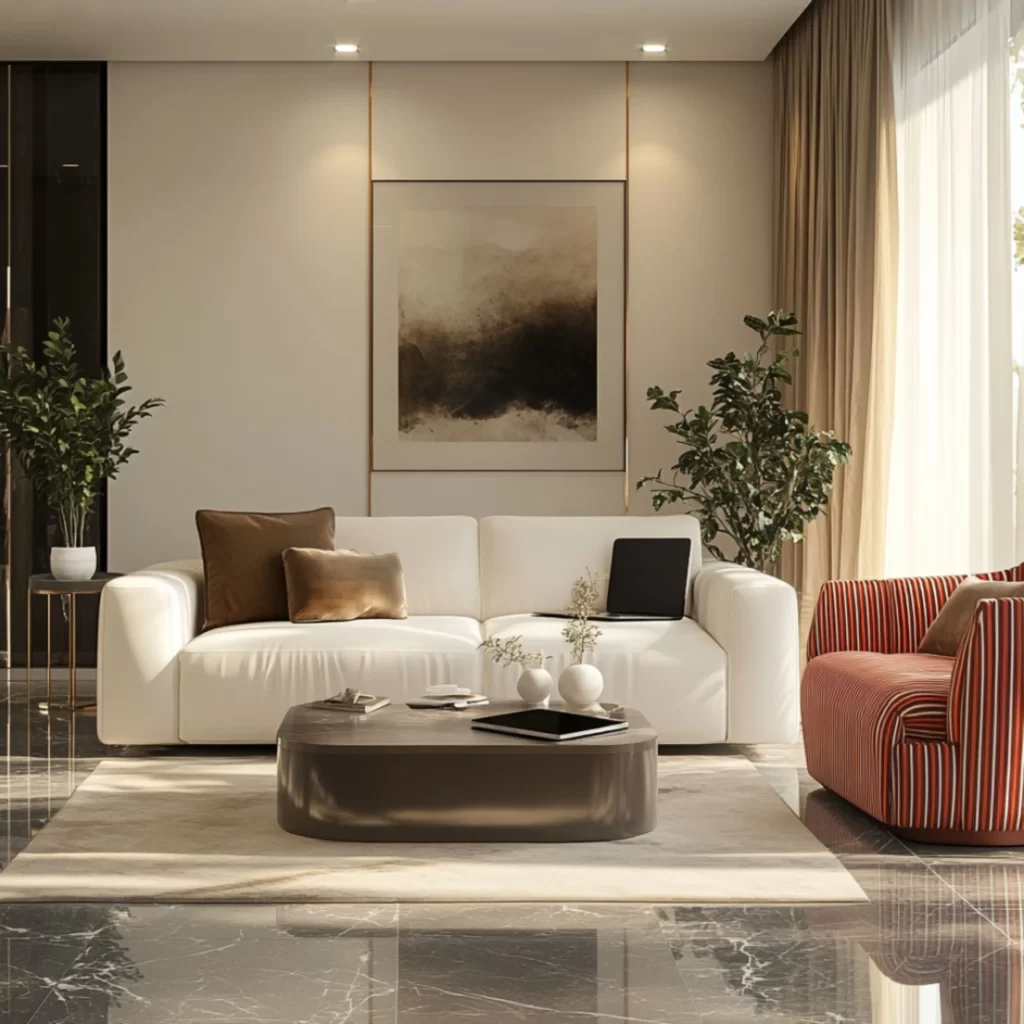 Modern Living Room with Navy L-Shaped Sofa and Prayer Cabinet