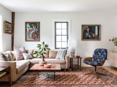 Boho Living Room with Blush Pink Fabric Sofa