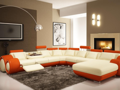 Contemporary Living Room with Cream Sectional and Orange Bench