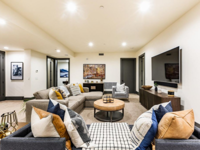 Contemporary Living Room with Turquoise Chairs and Charcoal Sofa