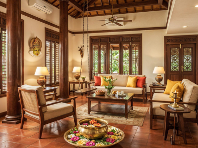 Traditional Living Room with Mahogany Sofas and Courtyard