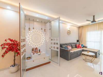 Modern Living Room with Taupe Sectional and Pooja Cabinet Modern Living Room with Taupe Sectional and Pooja Cabinet
