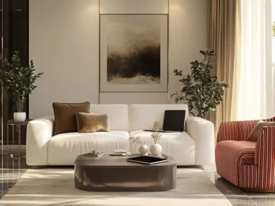 Modern Living Room with Navy L-Shaped Sofa and Prayer Cabinet Modern Living Room with Navy L-Shaped Sofa and Prayer Cabinet